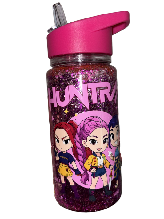 Children's water bottle with pink lid and character design on a white background